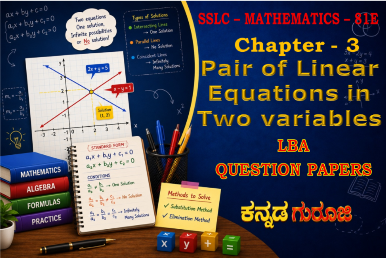 Karnataka SSLC Mathematics Chapter 3 | Pair of Linear Equations in Two Variables | LBA Question Papers PDF (Version A, B, C & D)